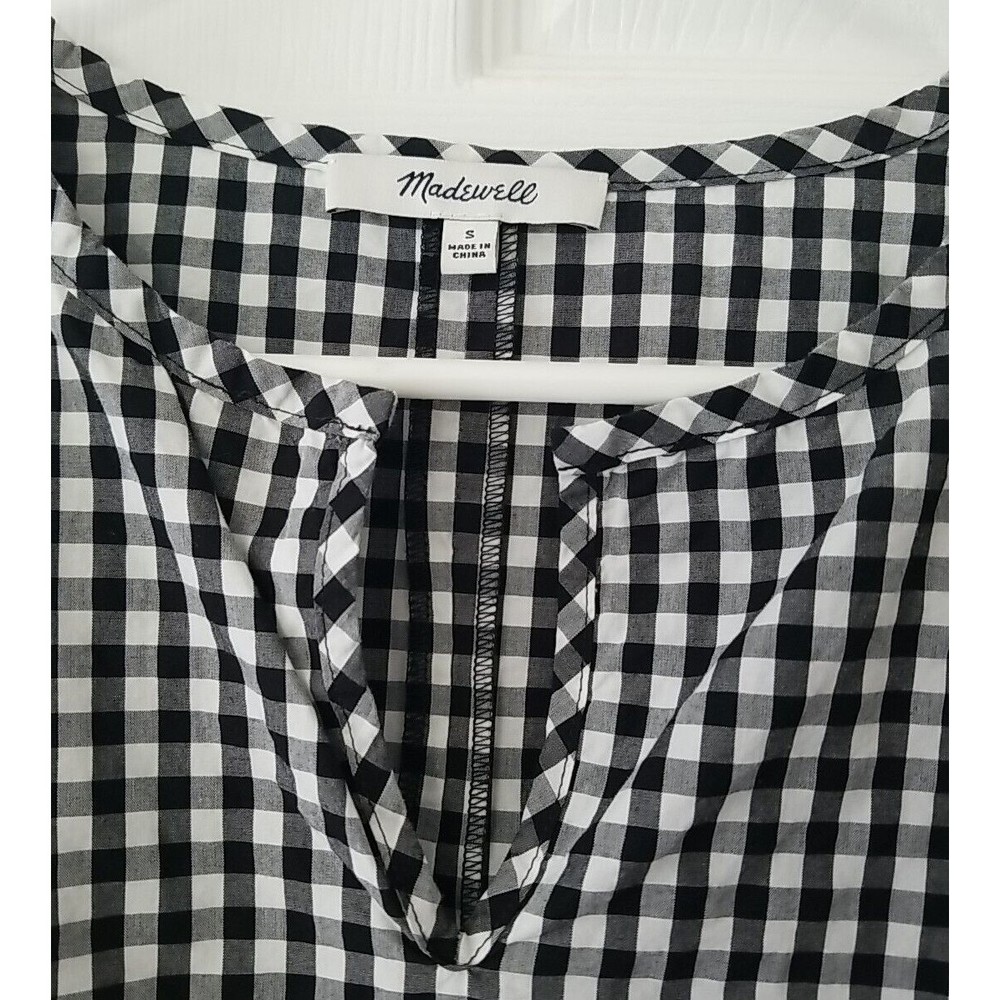 Madewell Smocked Gingham Top Womens Check V-Neck Oversized Peasant Blouse Small - Picture 2 of 13